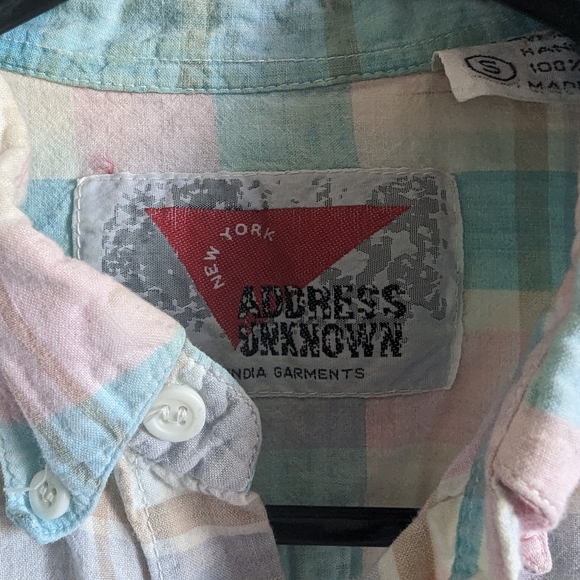Address unknown Men's Button up shirt small pastel plaid short sleeve top white - Picture 3 of 12